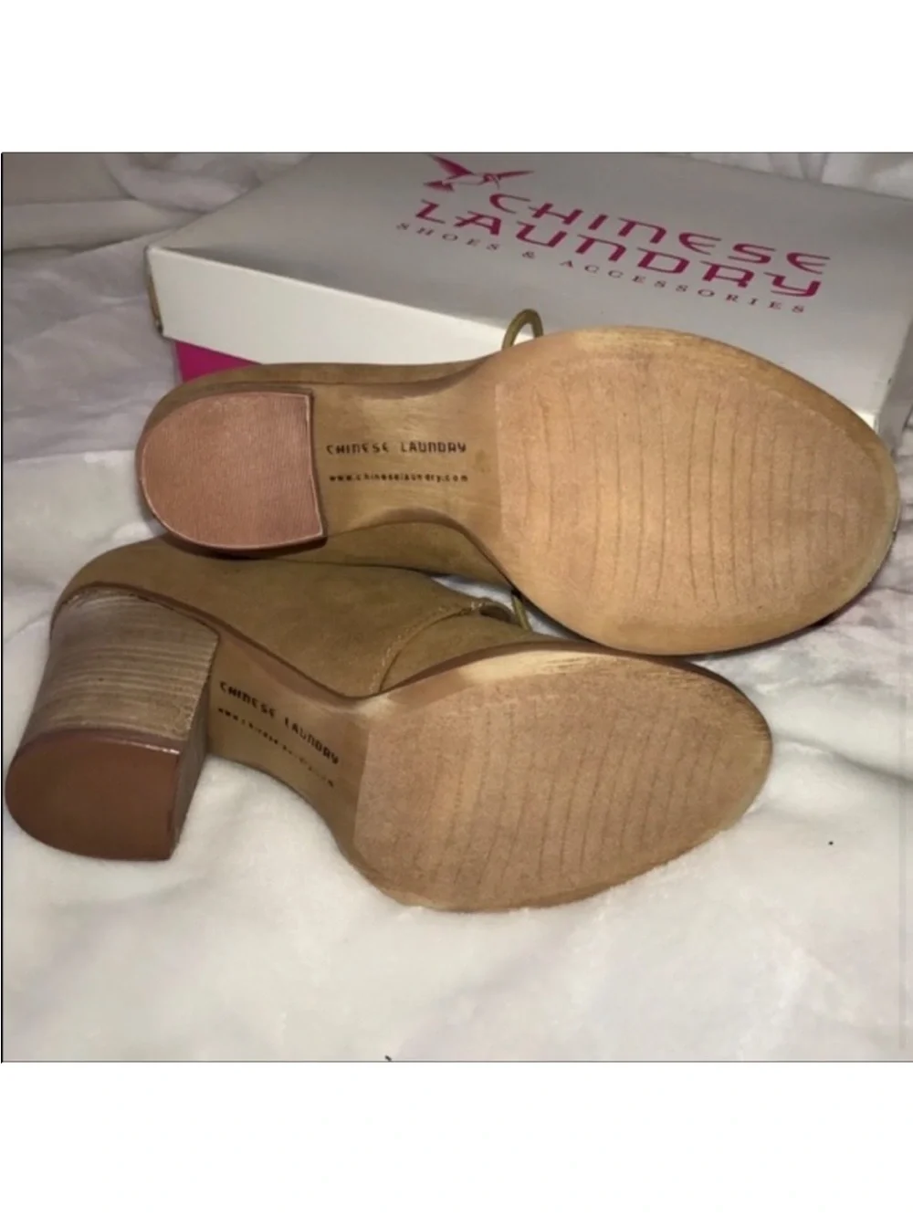 Chinese Laundry Tan Suede Lace-Up Stacked Heel Booties
